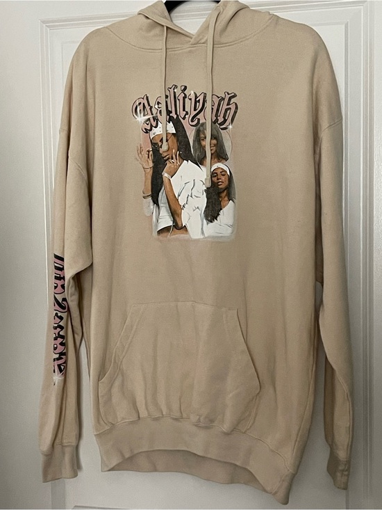 Aaliyah Tops - Aaliyah Beige Graphic Pullover Hoodie with Front Print - Women-Size XL